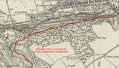 
Conjectural route of the Blaendare Tramroad based on the 1881 OS map,  © Crown Copyright reserved